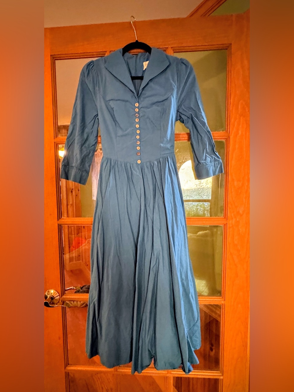 Vintage-Inspired Blue Maxi Dress with Button Front
